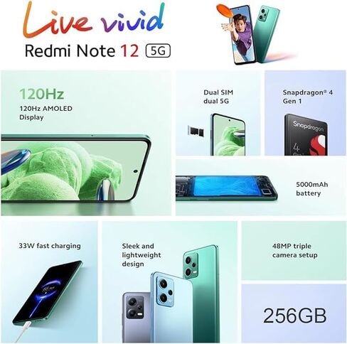 Xiaomi Redmi Note 12 5G (256 جيجابايت + 8 جيجابايت) (Tmobile Tello والعالمي) كاميرا ثلاثية غير مقفلة مقاس 6.67 بوصة بدقة 48 ميجابكسل + إضافية (مع حزمة شاحن سيارة سريعة) (أخضر الغابة (عالميًا)) in Saudi Arabia