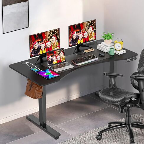 farexon Electric Height Adjustable 55 x 24 inch Standing Desk with Charging Station, Stand up Desk with Oversized Mouse Pad, Ergonomic Curved Workstation, 4 Caster, 4 Preset Heights Easy to Set in Kuwait