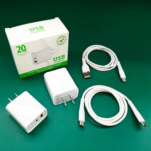 LLY USB A + C شاحن حائط سريع ثنائي المنافذ، عبوتان. الإدخال: 110-240 فولت، 50/60 هرتز. مخرج منفذ USB A QC 18 وات، مخرج منفذ النوع C PD 20 وات. مع كابلات شحن USB A إلى Lightning وType C إلى C، أبيض in Saudi Arabia
