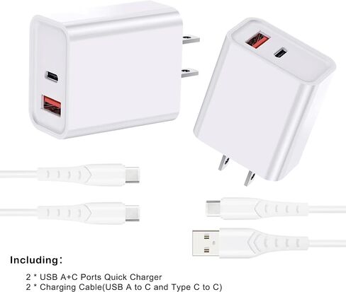 LLY USB A + C شاحن حائط سريع ثنائي المنافذ، عبوتان. الإدخال: 110-240 فولت، 50/60 هرتز. مخرج منفذ USB A QC 18 وات، مخرج منفذ النوع C PD 20 وات. مع كابلات شحن USB A إلى Lightning وType C إلى C، أبيض in Saudi Arabia