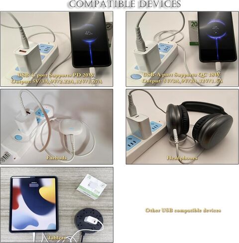 LLY USB A + C شاحن حائط سريع ثنائي المنافذ، عبوتان. الإدخال: 110-240 فولت، 50/60 هرتز. مخرج منفذ USB A QC 18 وات، مخرج منفذ النوع C PD 20 وات. مع كابلات شحن USB A إلى Lightning وType C إلى C، أبيض in Saudi Arabia
