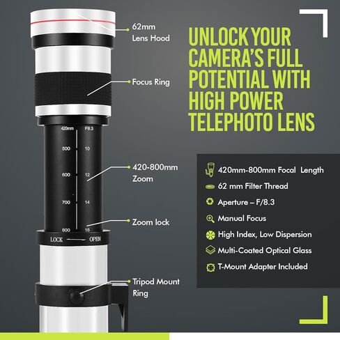 عدسة تليفوتوغرافي يدوية عالية الطاقة 420-800 مم f/8.3 HD لكاميرات Nikon D500، D600، D610، D700، D750، D800، D800e، D810، D810a D850 D3400 D5000 D5100 D5200 D5300 D5500 D5600 D7100 D7200 D75 00 DSLR (أبيض) in Kuwait