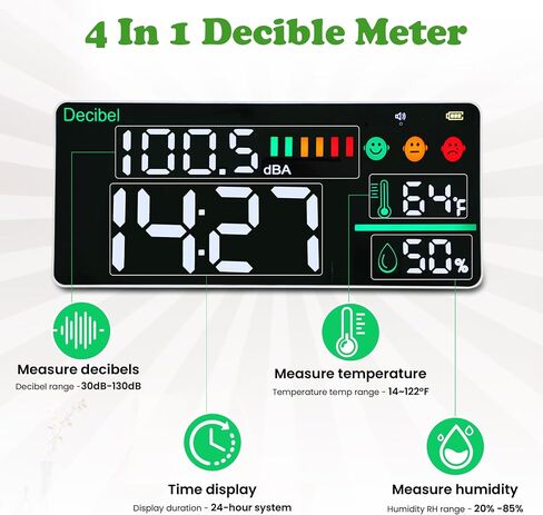 3-in-1 Decibel Meter Noise Monitor Wall Hanging Sound Level Meter with 11 in Large LED Display Noise & Temperature & Humidity Meter Wide Used for Home, Classroom, Studio, Factory in Saudi Arabia