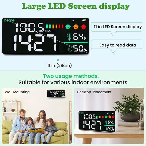 3-in-1 Decibel Meter Noise Monitor Wall Hanging Sound Level Meter with 11 in Large LED Display Noise & Temperature & Humidity Meter Wide Used for Home, Classroom, Studio, Factory in Saudi Arabia