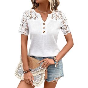 SweatyRocks Women's Contrast Lace Button Front Notched V Neck Short Sleeve Scallop Trim Tee Shirt Top