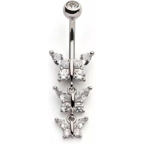 Pierced Owl 14GA 316L Stainless Steel Triple CZ Crystal Butterflies Dangling Belly Button Ring