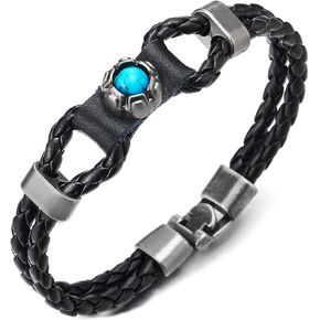 COOLSTEELANDBEYOND Black Braided Knot Leather Bangle Bracelet For Mens Womens, Two-Row Leather with Turquoise Charm