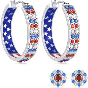 4th July Patriotic Hoop Earrings for Women Silver Red White and Blue Earrings Big Crystal Hoop Earrings Jewelry American Flag Earrings USA Gifts for Women Hypoallergenic