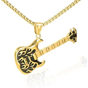 Electric Guitar Necklace for Men, Hip Hop Guitar Necklace, Guitar Musical Instrument Pendant Necklace with 23.6"Chain, Stainless Steel Punk Rock Guitar Pendant, Vintage Guitar Music Lovers Necklace Jewelry Gift for Men Boys