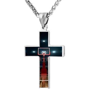 54RHD5BT1D Unique Metal Basketball Court Belief Zinc Alloy Stainless Steel Necklace Silver Cross Pendants Religious Jewelry