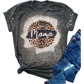 Mama Vintage Bleached T-Shirt Women Funny Leopard Graphic Mama Shirt Tee Casual Short Sleeve Letter Print Mom Tee Tops