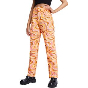 WDIRARA Women's Graphic Print Ripped Jeans High Waisted Button Denim Pants
