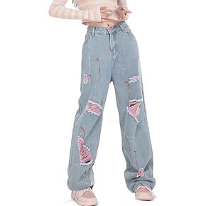 RILGOU Harajuku Y2K Kawaii Goth Fashion Casual Loose Wide Leg Vintage Pink Ripped Distressed Jeans Pants for Women