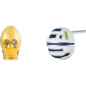 Mismatch Starwars R2-D2 and C-3PO Robots Stud Earrings with Enamel Gold & 925 Sterling Silver Back Posts Jewelry
