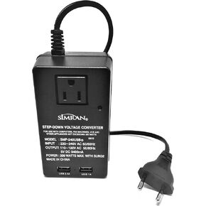 Simran Deluxe 2-in-1 Voltage Converter 2 USB Ports and 1-AC Outlet 200 Watt For 220V International Travel, SMF-240USB
