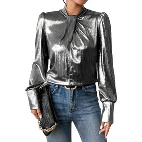 WDIRARA Women's Twist Front Bishop Long Sleeve Metallic Blouse Cocktail Party Top