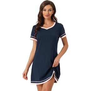 cheibear Womens Short Sleeve Nightshirt V Neck Contrast Color Nightgown Sleepdress