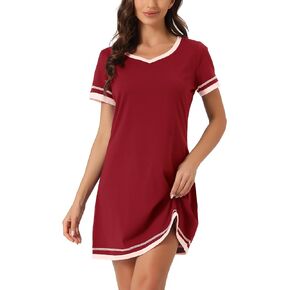 cheibear Womens Short Sleeve Nightshirt V Neck Contrast Color Nightgown Sleepdress