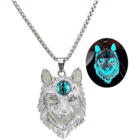 Wolf Necklace for Men Women Stainless Steel Viking Wolf Head Therian Necklace Glow in the Dark Protection Necklace Jewelry Gift
