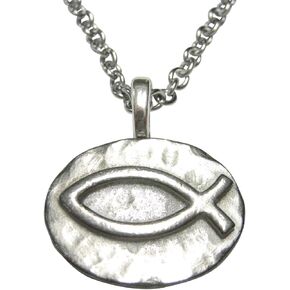 Kiola Designs Silver Toned Pewter Oval Religious Ichthys Fish Pendant Stainless Steel Chain Necklace
