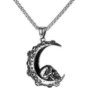 Jude Jewelers Stainless Steel Retro Vintage Moon Crescent Gothic Skull Biker Halloween Pendant Necklace