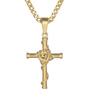 Jude Jewelers Stainless Steel Rose Flower Christian Cross Pendant Necklace