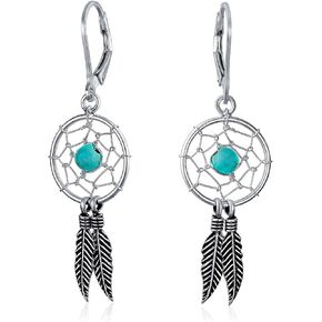 Bling Jewelry Western Boho Turquoise Accent Native American Indian Multi Feathers Leaf Dream Catcher Earrings Pendant Necklace For Women Teens Oxidized .925 Sterling Silver