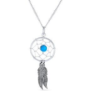 Bling Jewelry Western Boho Turquoise Accent Native American Indian Multi Feathers Leaf Dream Catcher Earrings Pendant Necklace For Women Teens Oxidized .925 Sterling Silver