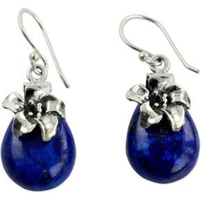 NOVICA Artisan Handmade Lapis Lazuli Dangle Earrings .925 Sterling Silver Floral Jewelry Blue India Royal Reflecting Pond 'Lovely Lily'