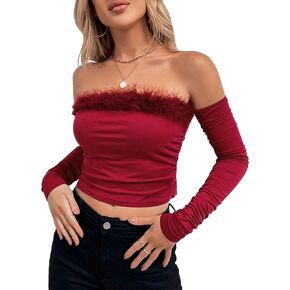OYOANGLE Women's Fuzzy Trim Long Sleeve Crop Top Off Shoulder Party Tee Shirt