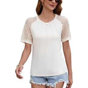 CiCiBird Women 2024 Casual Shirt Lace Short Sleeve Tops Tee Dressy Trendy Crew Neck Blouse