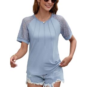 CiCiBird Women 2024 Casual Shirt Lace Short Sleeve Tops Tee Dressy Trendy Crew Neck Blouse