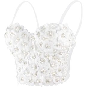 ELLACCI Women's 3D Floral Pearl Bustier Crop Top Party Club Bra Tops White