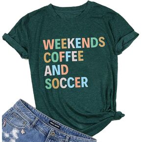 Weekends Coffee and Soccer Shirt Soccer Mom Tshirts for Women Soccer Gift Shirt Ball Letter Printed Short Sleeve Tee Tops