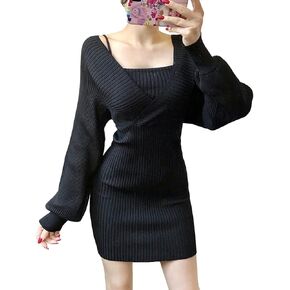 Ribbed Knit Bodycon Mini Dress Sexy V Neck Long Sleeve Stretchy Sweater Dress Cozy Ladies Casual Wear Spring Fashion