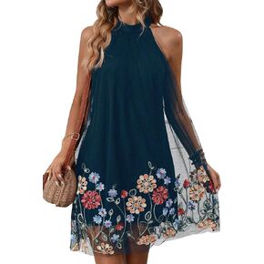 WDIRARA Women's Floral Embroidery Dress Halter Sleeveless A Line Flare Boho Dresses