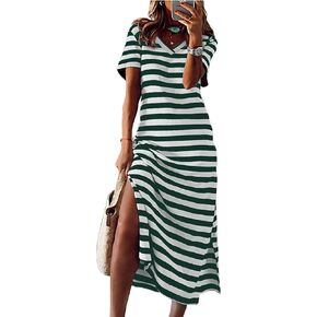 BLENCOT Women Summer Dress Striped Short Sleeve V Neck Sundress Casual Side Slit Beachwear T-Shirt Dresses