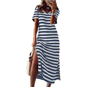 BLENCOT Women Summer Dress Striped Short Sleeve V Neck Sundress Casual Side Slit Beachwear T-Shirt Dresses