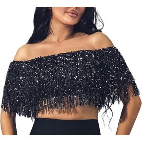 CLOACE Sequins Tassel Crop Top Sexy Off Shoulder Tank Top Glitter Elastic Fitted Camisole Black Party Outfits for Women