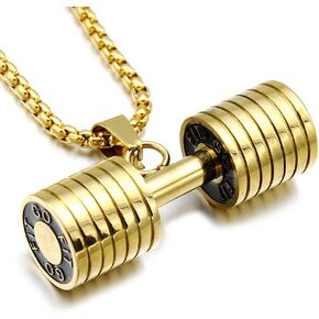 Dumbbell Necklace For Men Women Charm Gold Stainless Steel Weight Lifting Dumbbell Necklace Chain Jewelry For Teen (Gold)