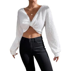 MakeMeChic Women's Solid Twist Back V Neck Long Sleeve Drop Shoulder Asymmetrical Hem Tee Shirts Crop Top
