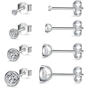 Sterling Silver Stud Earrings for Women Men Girls- 4 Pairs of Hypoallergenic Small White Gold Plated Cubic Zirconia Cartilage Earrings Jewelry Sets (2mm/3mm/4mm/5mm)