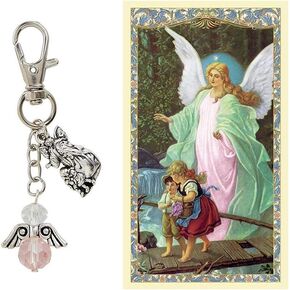 Our Lady of Guadalupe Keychain Clip with Light Blue Angel Crystal Bead Charm and Virgin of Guadalupe Dangle. Includes Our Lady of Guadalupe Prayer Card