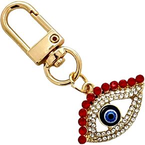 Evenchae Evil Eye Mini Keychain, Red & Clear Rhinestones, Drawstring Bag - 2.25 in L