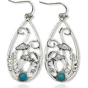 Country Western Mushroom Earrings for Women, Filigree Flower Dangling Silver Turquoise Teardrop Earring Set