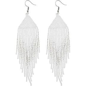 Geometric Beaded Earrings – Long Bohemian Handmade Large Tribal Native Beaded Tassel Drop Earrings for Women Girls, Big Statement Boho Seed Bead Fringe Chandelier Dangle Earrings