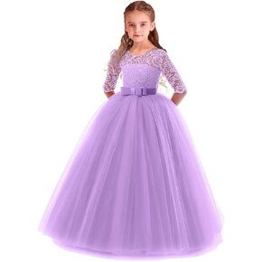 Flower Girls 3/4 Sleeve Lace Bowknot Princess Wedding Tulle Dress Birthday Communion Pageant Party Ball Maxi Gown