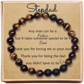 Best Stepdad Gifts 8mm Natural Tiger Eye Stone Beads Bracelet Elastic Adjustable Yoga Bracelet Bangle with Message Card & Gift Box - Gifts for Stepdad from Daughter Birthday Gifts