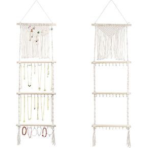 Teniinet Hanging Jewelry Organizer, Boho Macrame Necklace Hanger Wall Mounted with 30 Hooks,Door Hanging Jewelry Holder with Tassel for Necklaces Display Organizer(Necklace Holder)