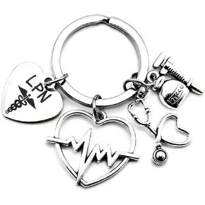 Kit's Kiss LPN Licensed Practical Nurse Keychain Nurse Stethoscope Syringe ECGEKG Heartbeat Charm Nurse Student Graduation School Gift Caduceus Medical Symbol LPN Key Ring, Silver, 1.2 inches (3 cm)